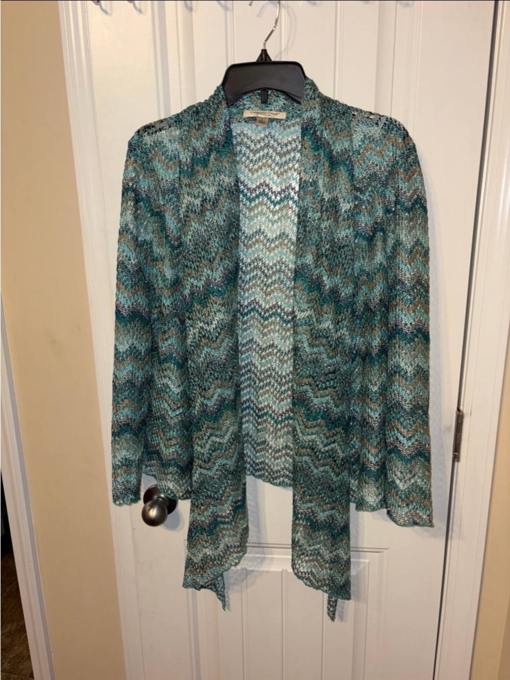 Coldwater Creek Teal & Aqua Open-Front Zigzag Cardigan